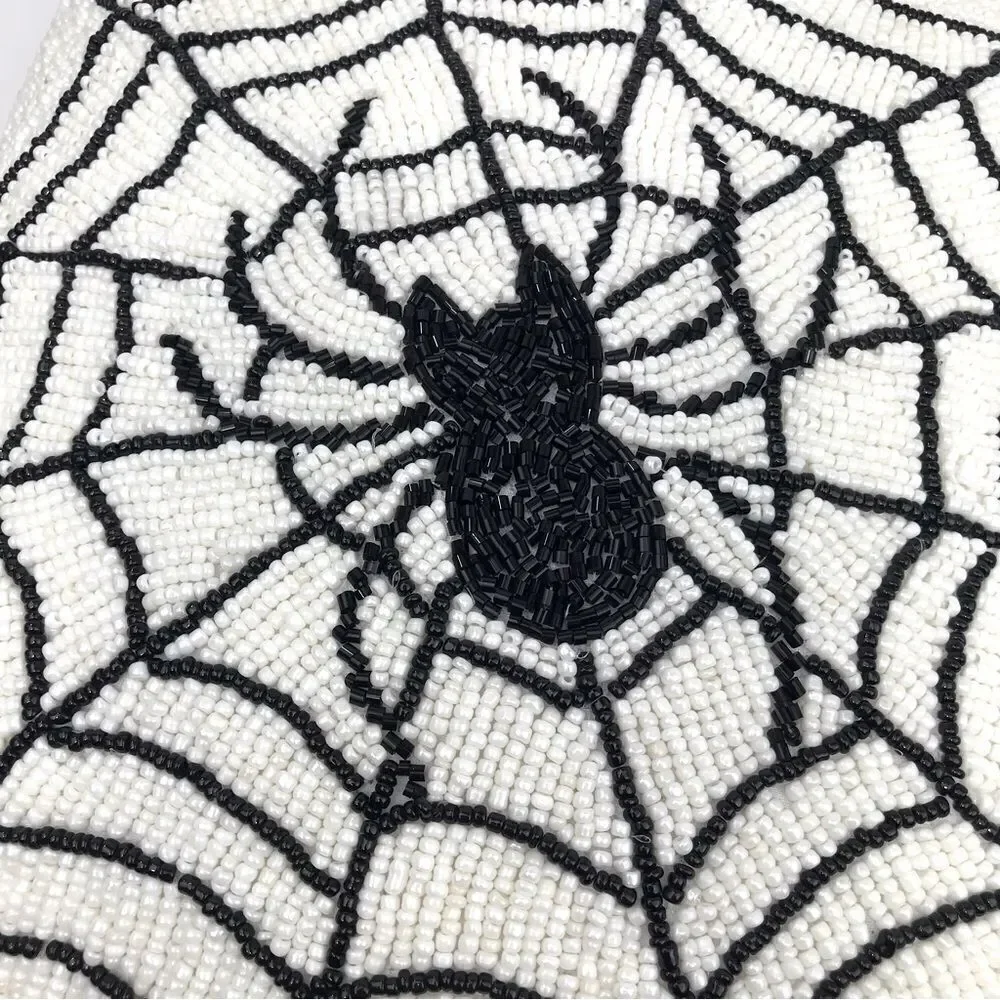 Noir Night Black Spiderweb White Beaded 16” Halloween Decor Accent Throw Pillow
